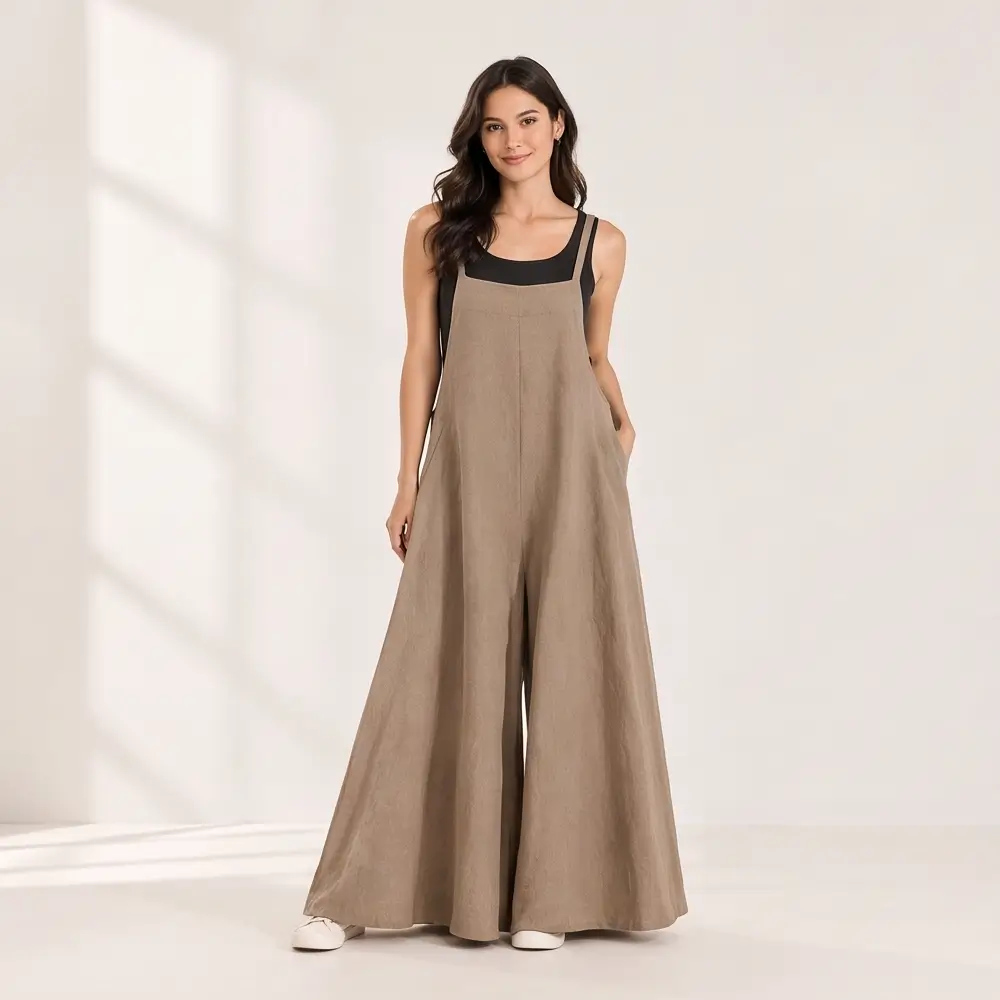 Relaxed Linen-Blend Wide-Leg Overalls Jumpsuit