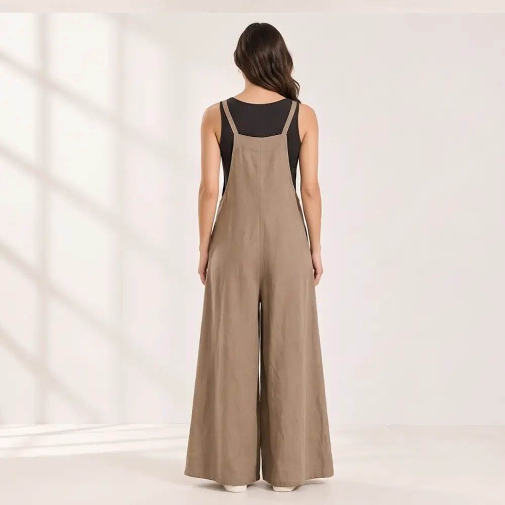 Relaxed Linen-Blend Wide-Leg Overalls Jumpsuit - Image 3